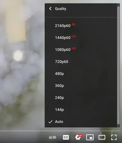 YouTube video player quality selection